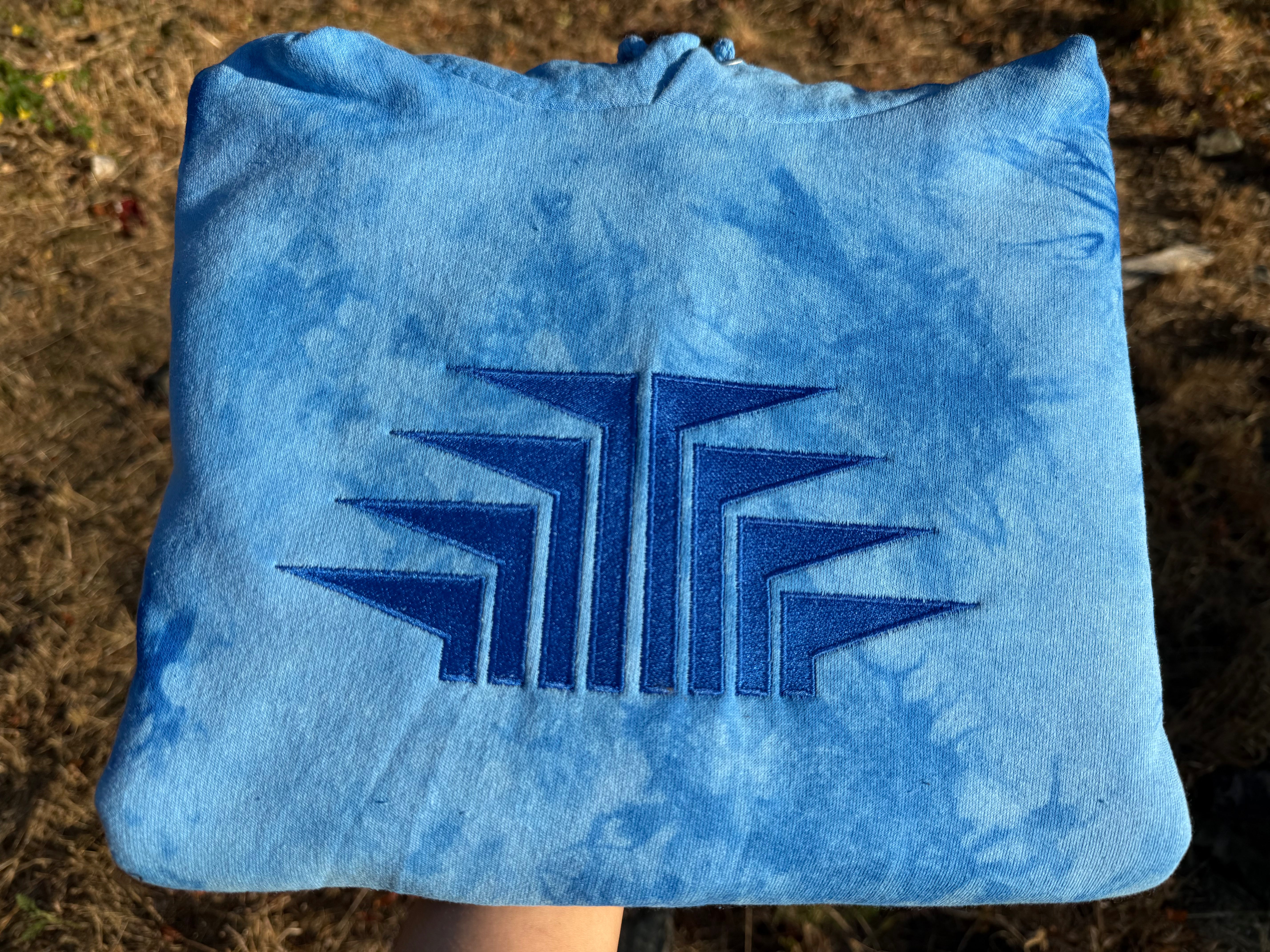 Blue Tie Dye Hoodie With Blue Embroidered Frog Foot Design