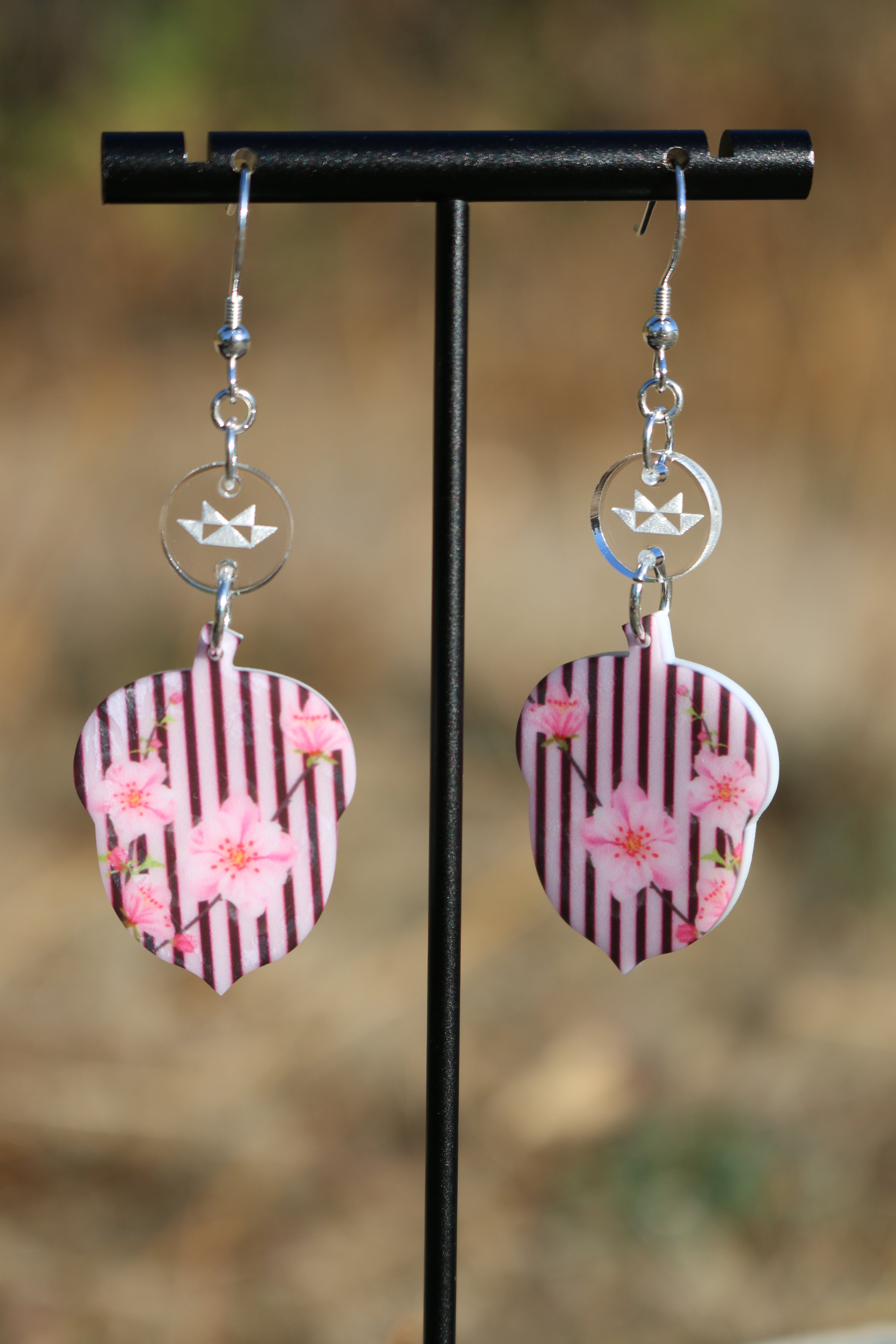 Pink Acorn With Flower Print, Butterfly Design Acrylic Beads,