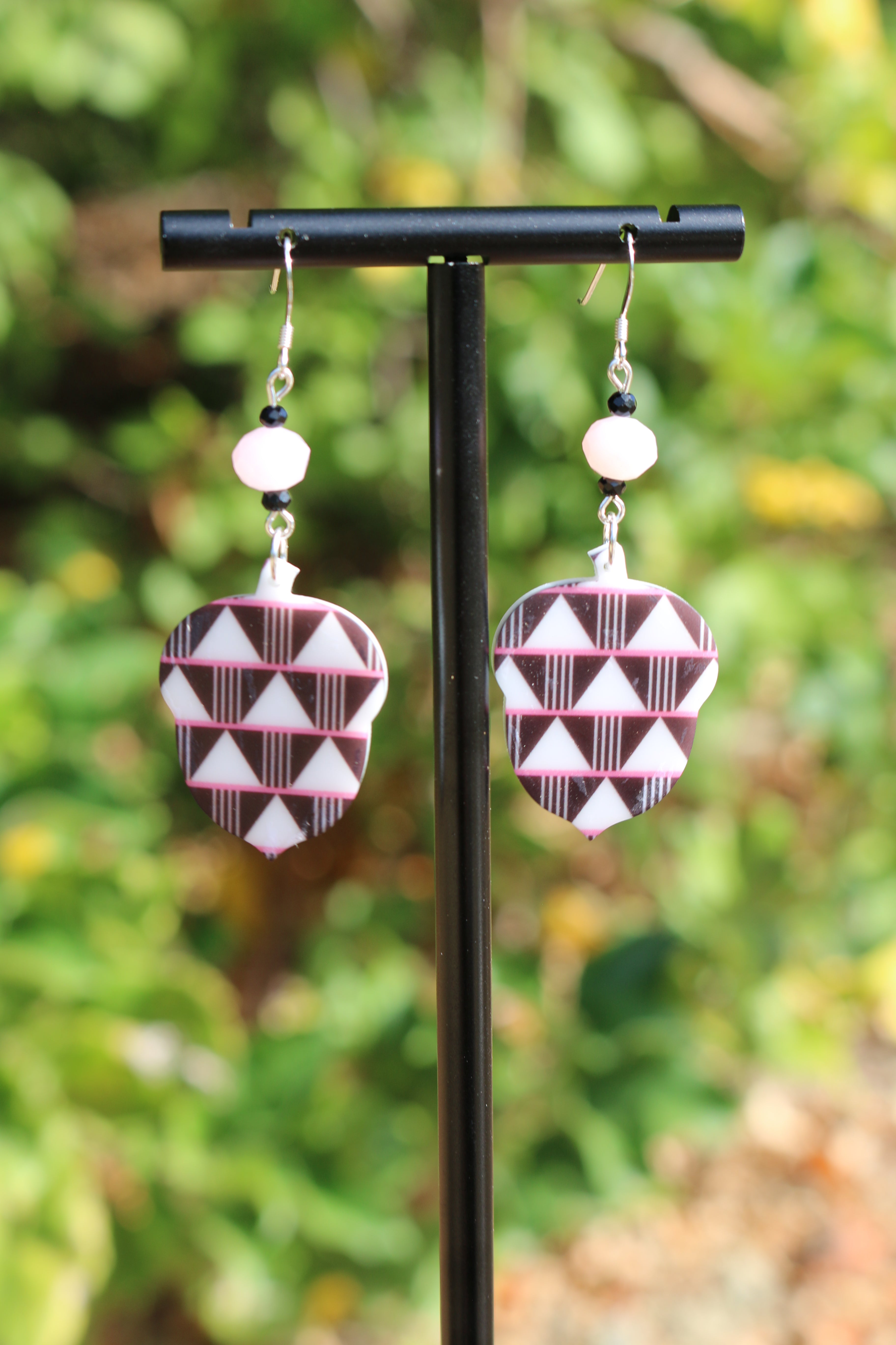 Pink Acorn Earrings With Sturgeon Back Design, Pink Glass Beads