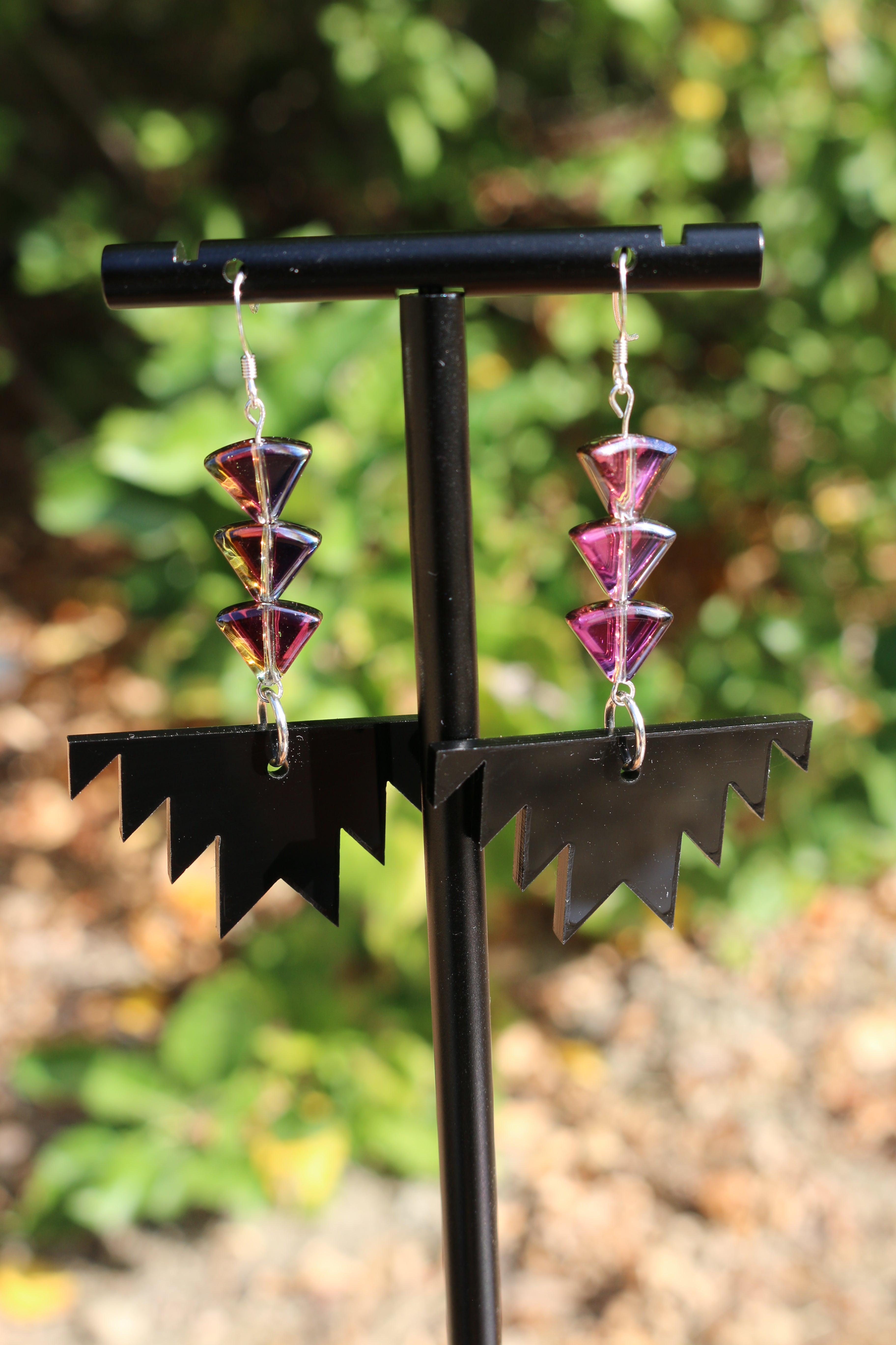 Halloween Inspired Earrings! Black Acrylic Earrings With Purple Glass Triangle Beads