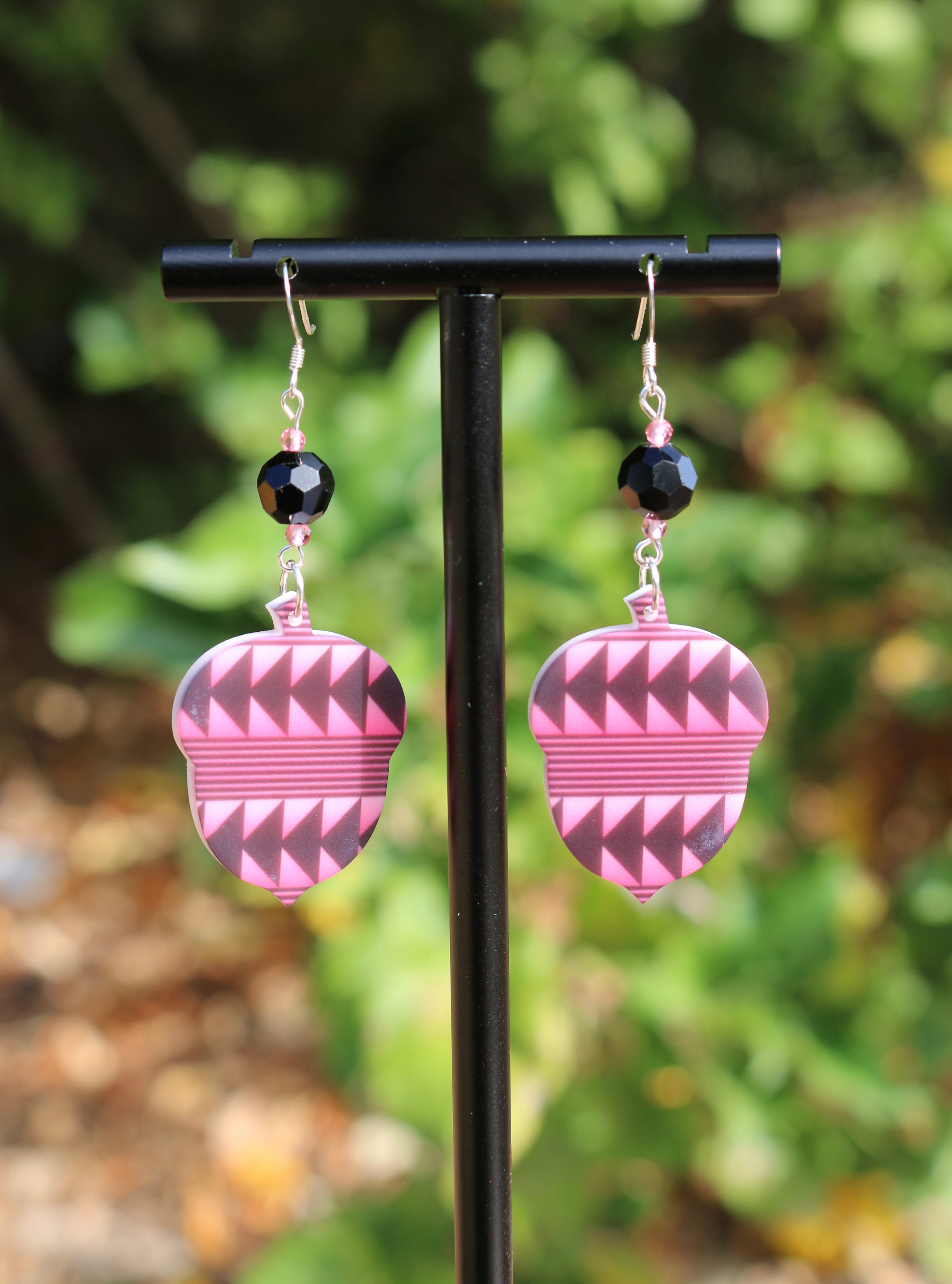 Pink Acorn Earrings With Sturgeon Back Design, Glass Beads