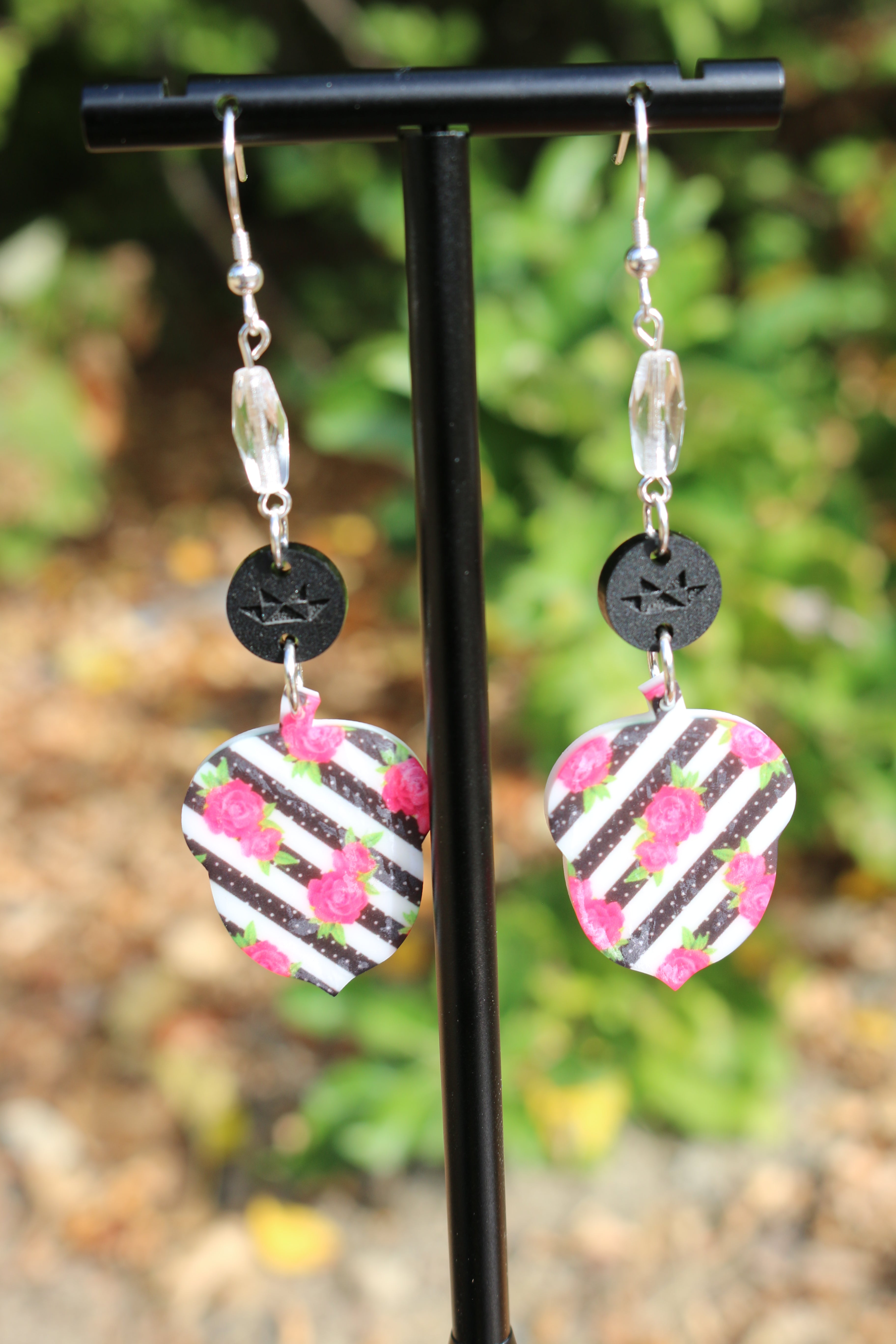 Acorn Acrylic Earrings With Pink Flower Print, Butterfly Design Acrylic Bead, Glass Beads