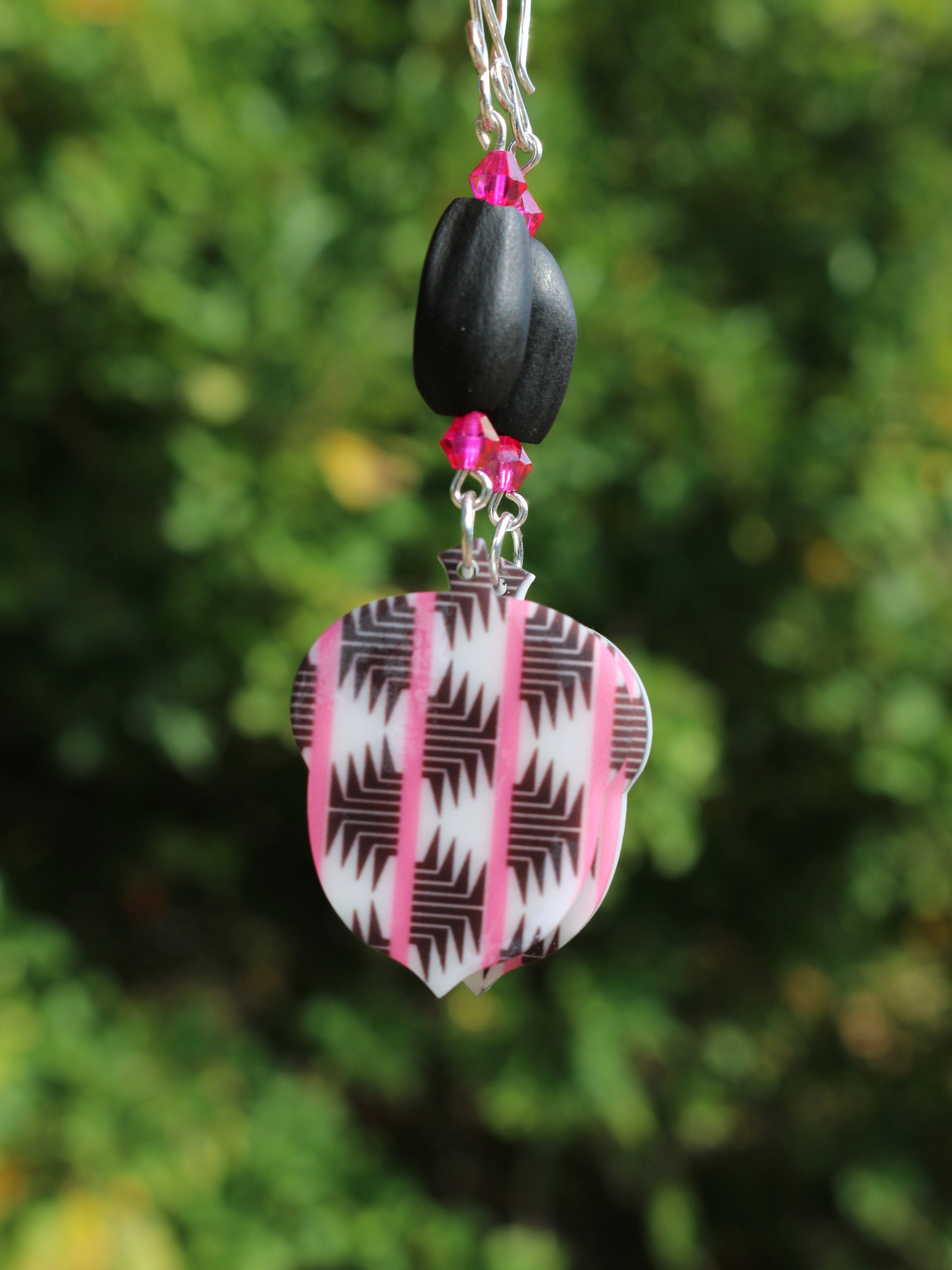 Pink Acorn Earrings With The Frog Foot Design, Black Pine Nuts , Glass Beads