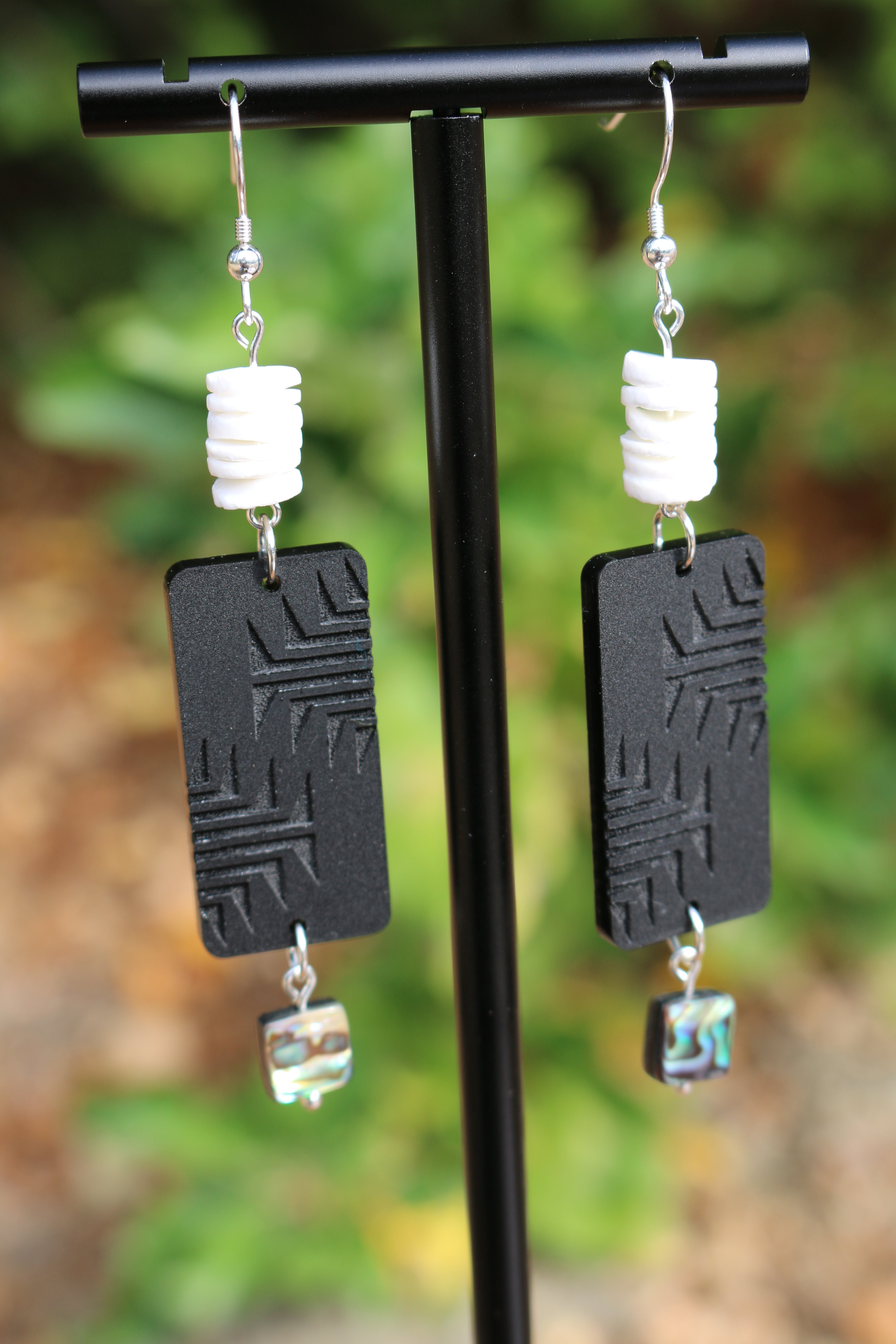 Black Acrylic Earrings With Engraved Frog Foot Design, Abalone, Heishi Shell Beads