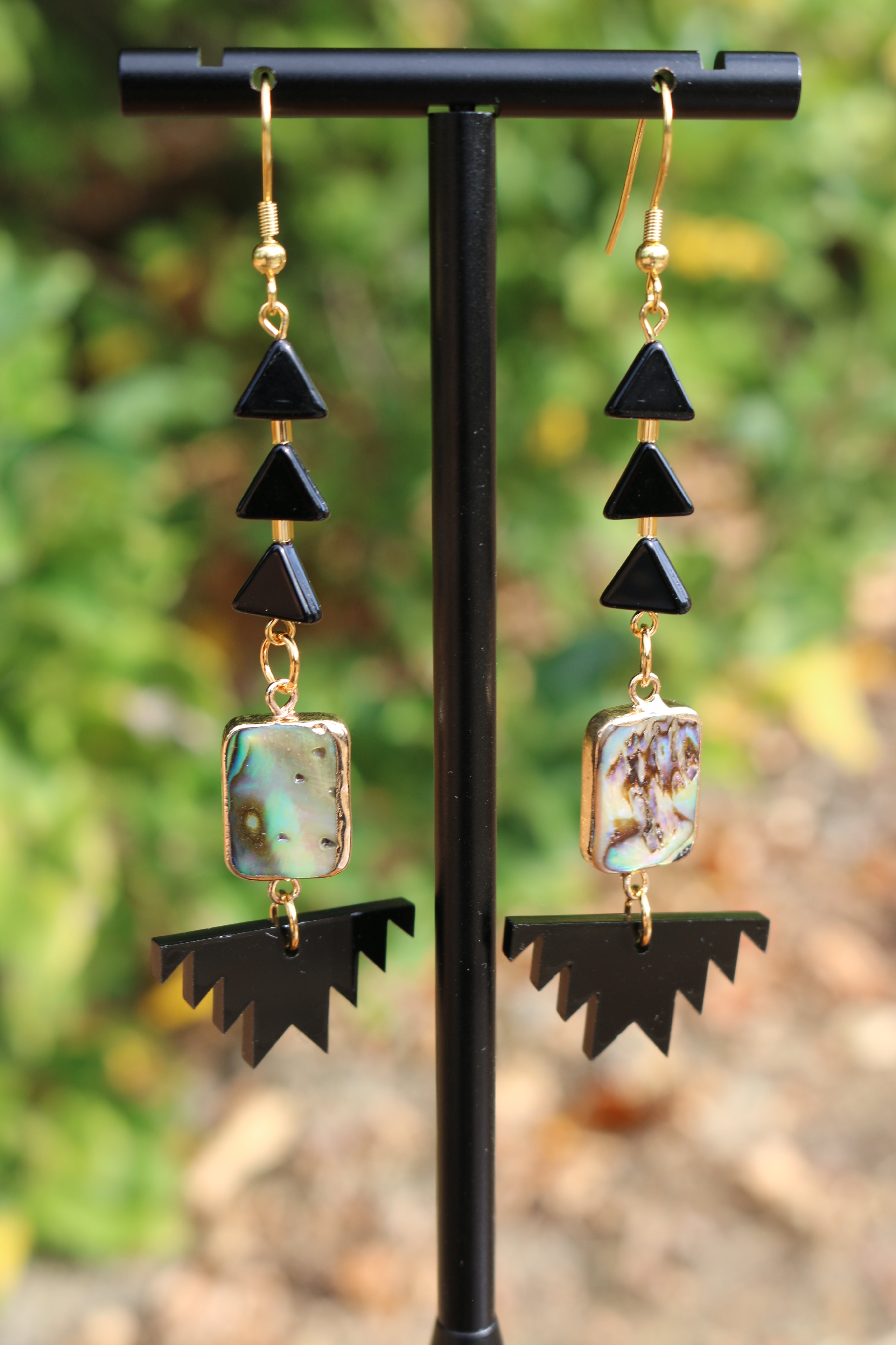 Black Acrylic Swallow Tail Design Earrings, Black Triangle Glass Beads, Abalone, Glass Beads