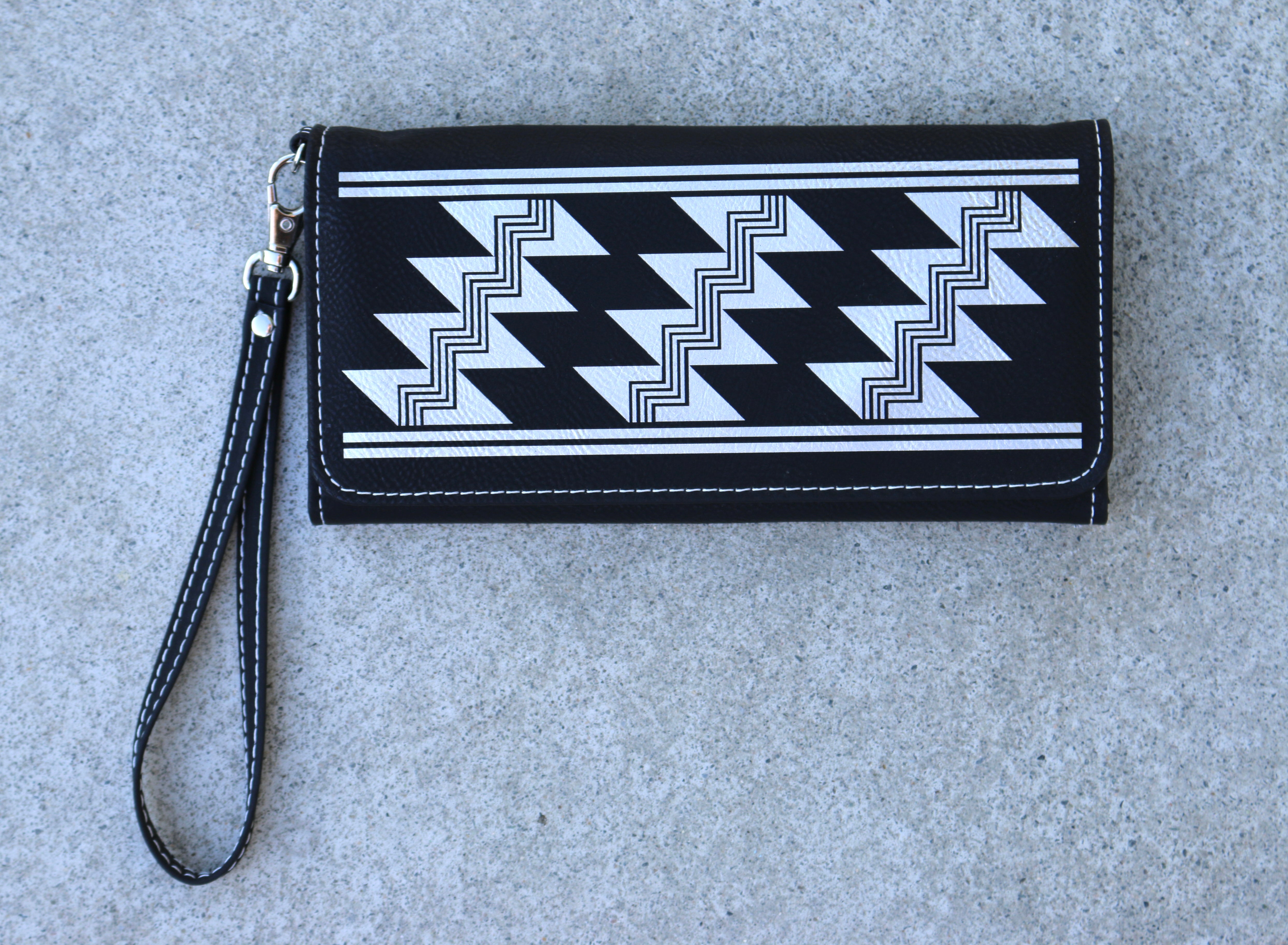 Stairway to Heaven Black/Silver Laser Engraved Leatherette Wallet with Strap