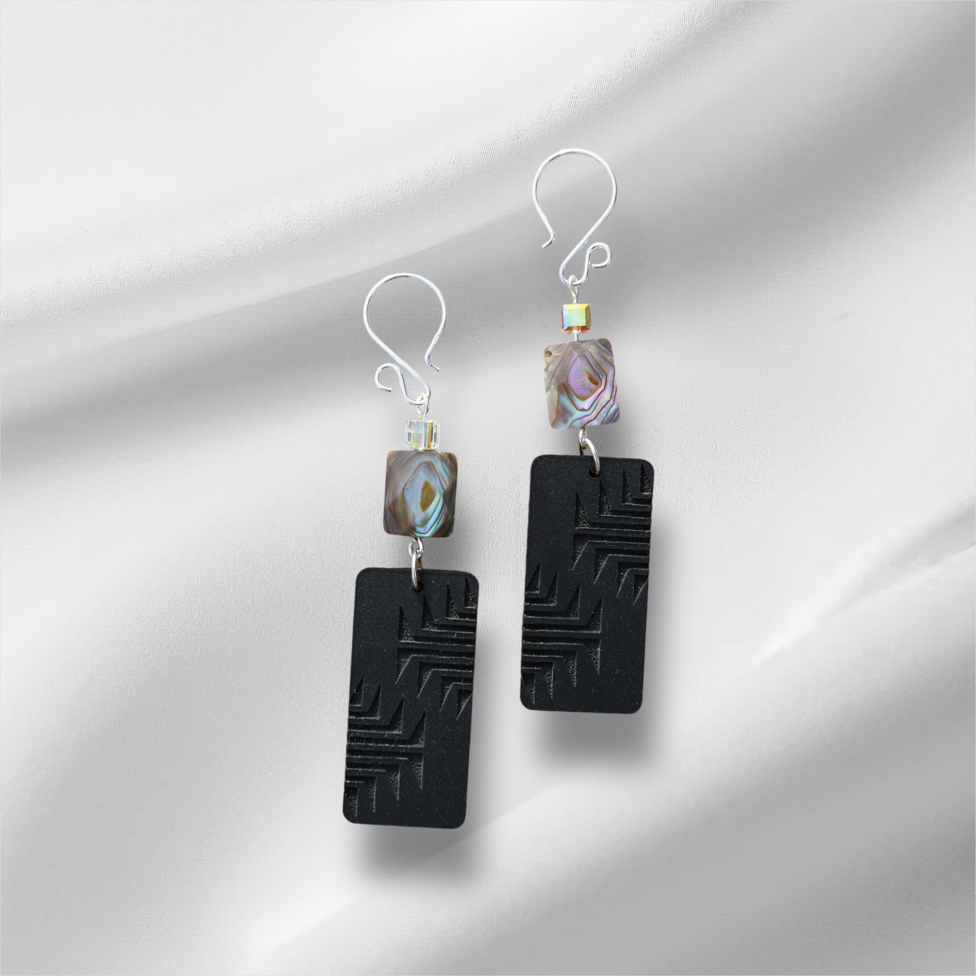 Black Acrylic Earrings With Engraved Frog Foot Design, Abalone, Crystal Beads