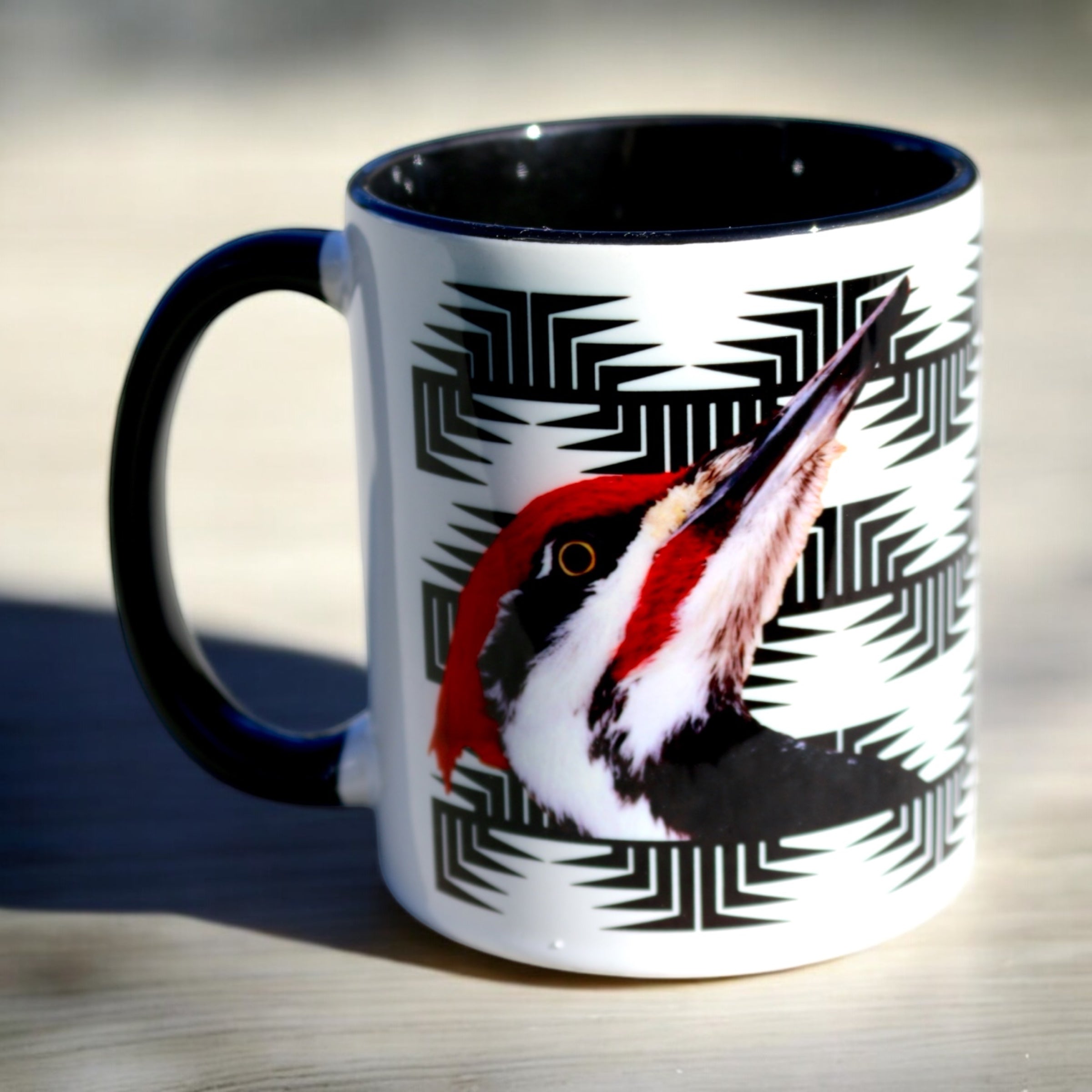 Pileated Woodpecker Mug with Hupa/Yurok Frog Foot Basket Design