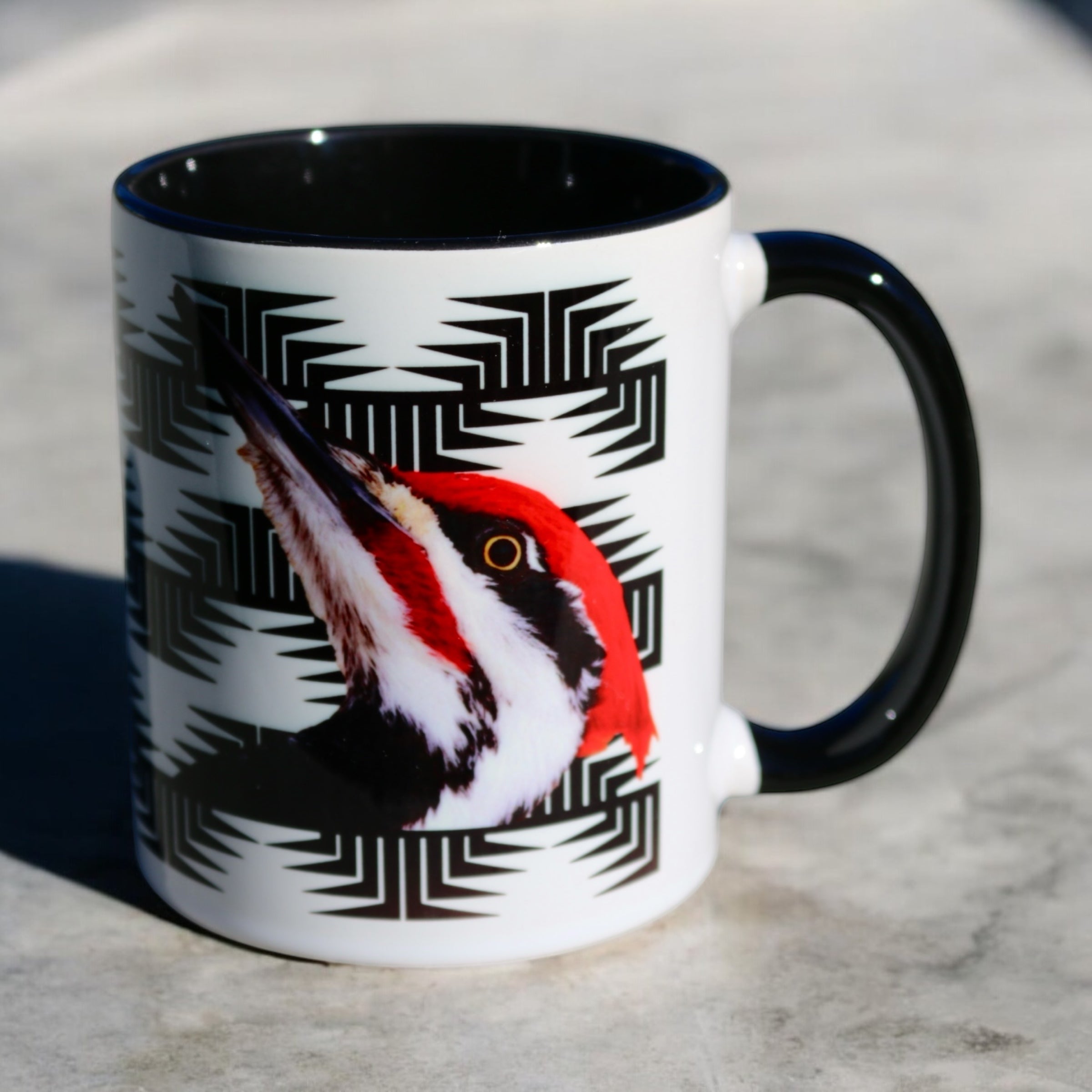 Pileated Woodpecker Mug with Hupa/Yurok Frog Foot Basket Design