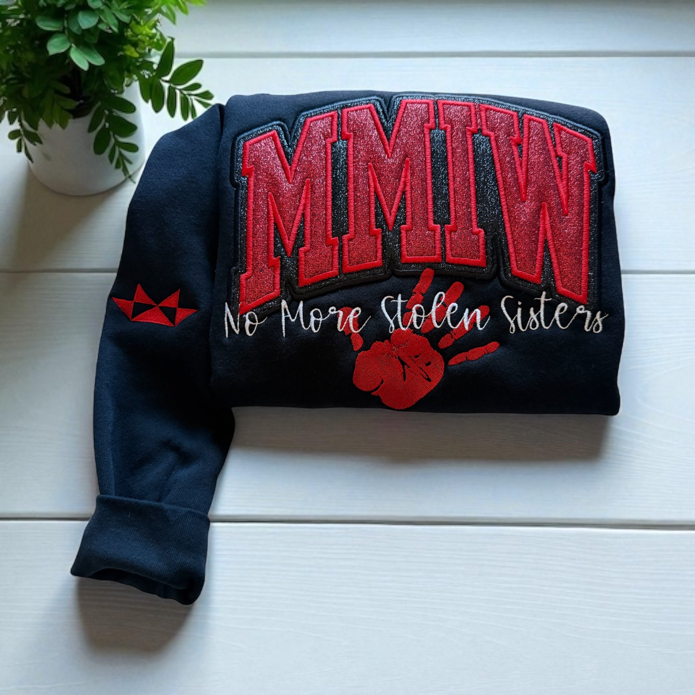 MMIW Glitter Appliqué Embroidered Crew Neck Sweater
