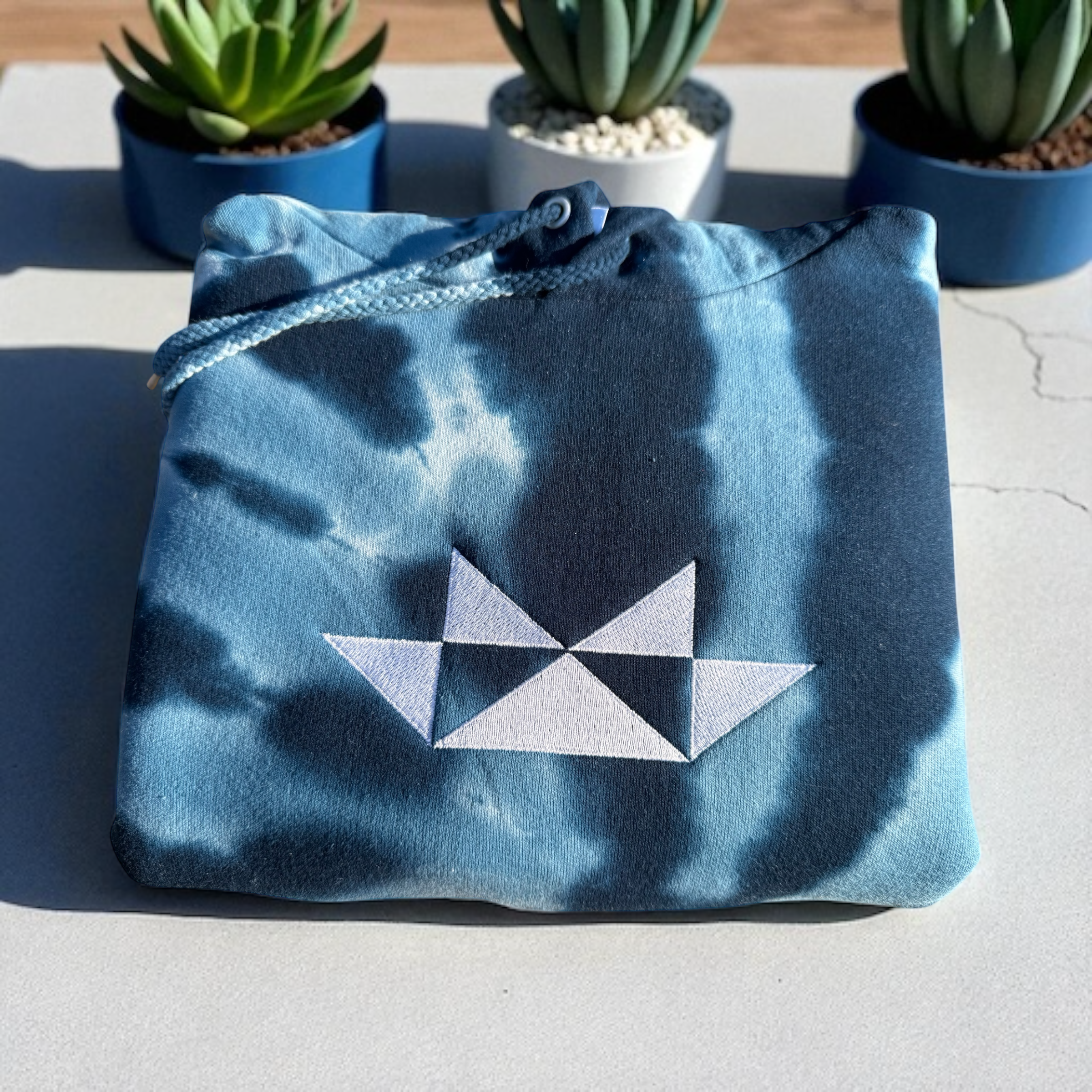 Blue Tie Dye Hoodie with White Embroidered Butterfly Design