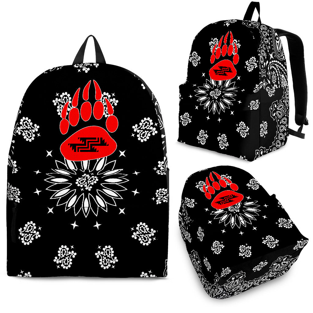 Black Paisley Print Backpack With Bear Paw / Grizzly Design