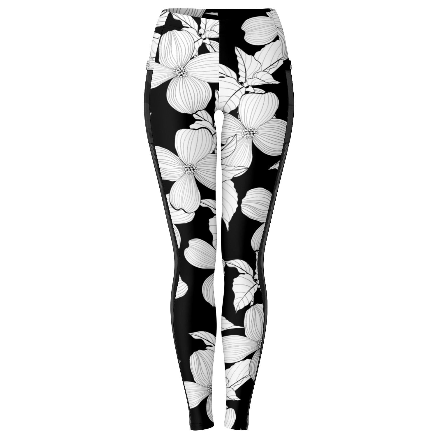 Leggings With Black Mesh Pockets, Dogwood Pattern , Red Butterfly Design