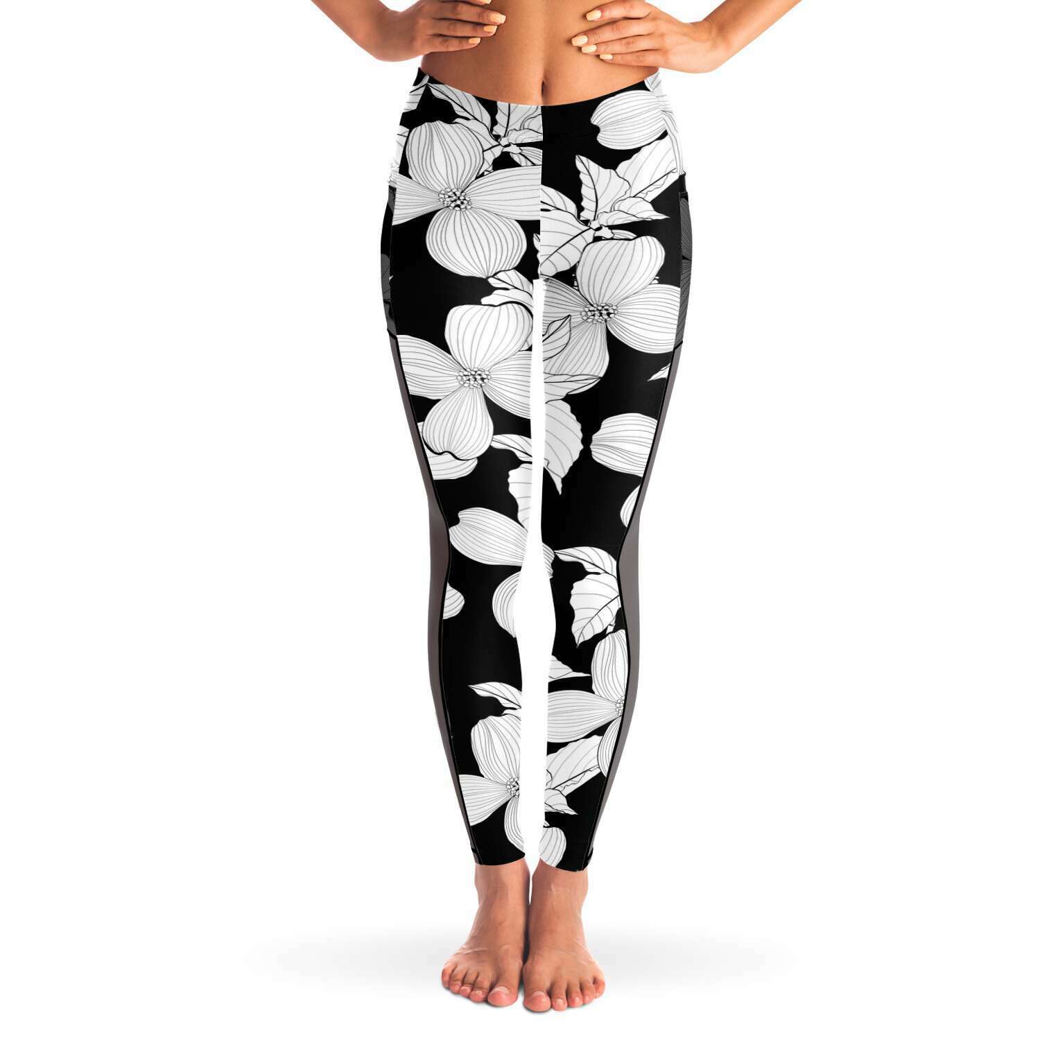 Leggings With Black Mesh Pockets, Dogwood Pattern , Red Butterfly Design