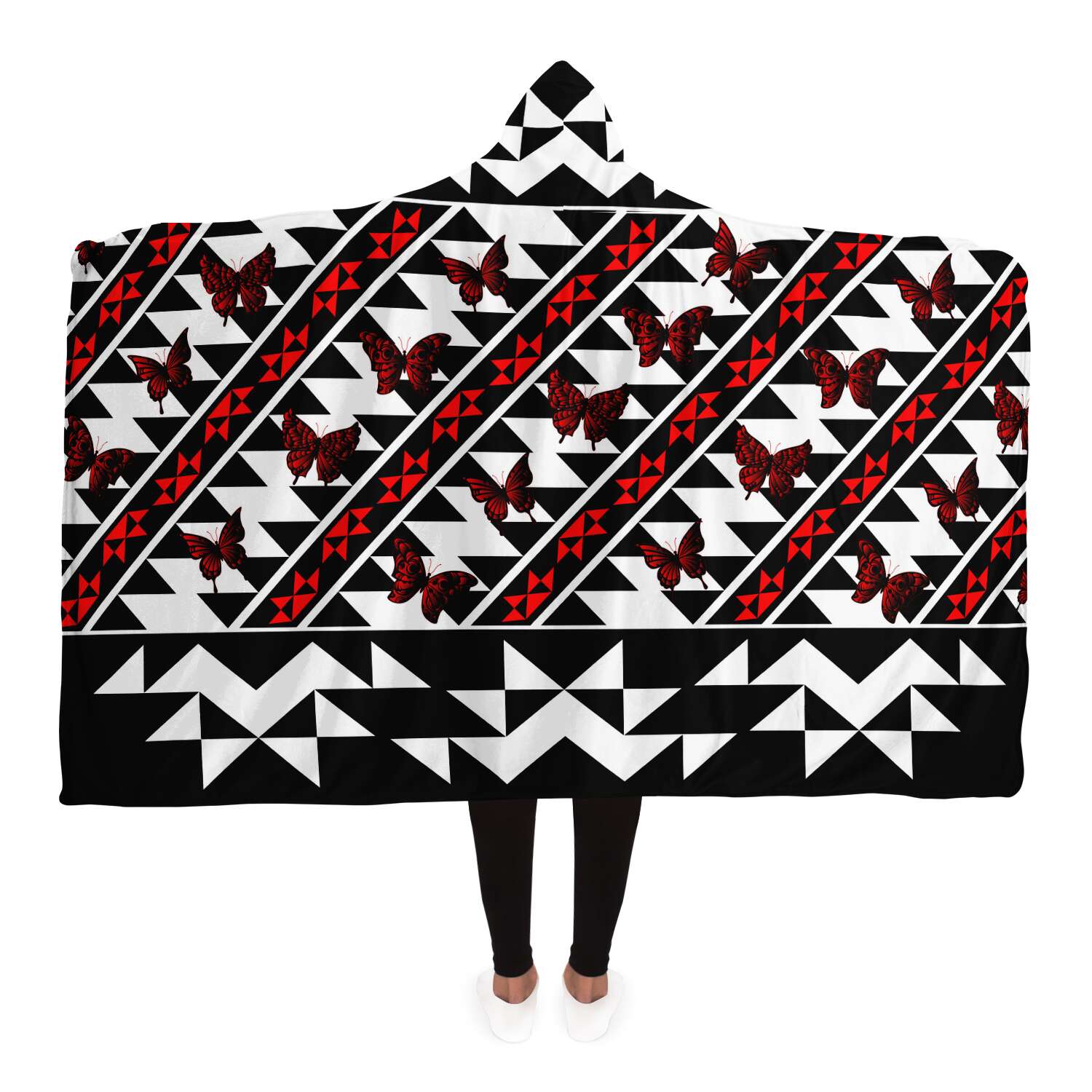 Hooded Blanket With Flint/Butterfly Design, Red Butterflies