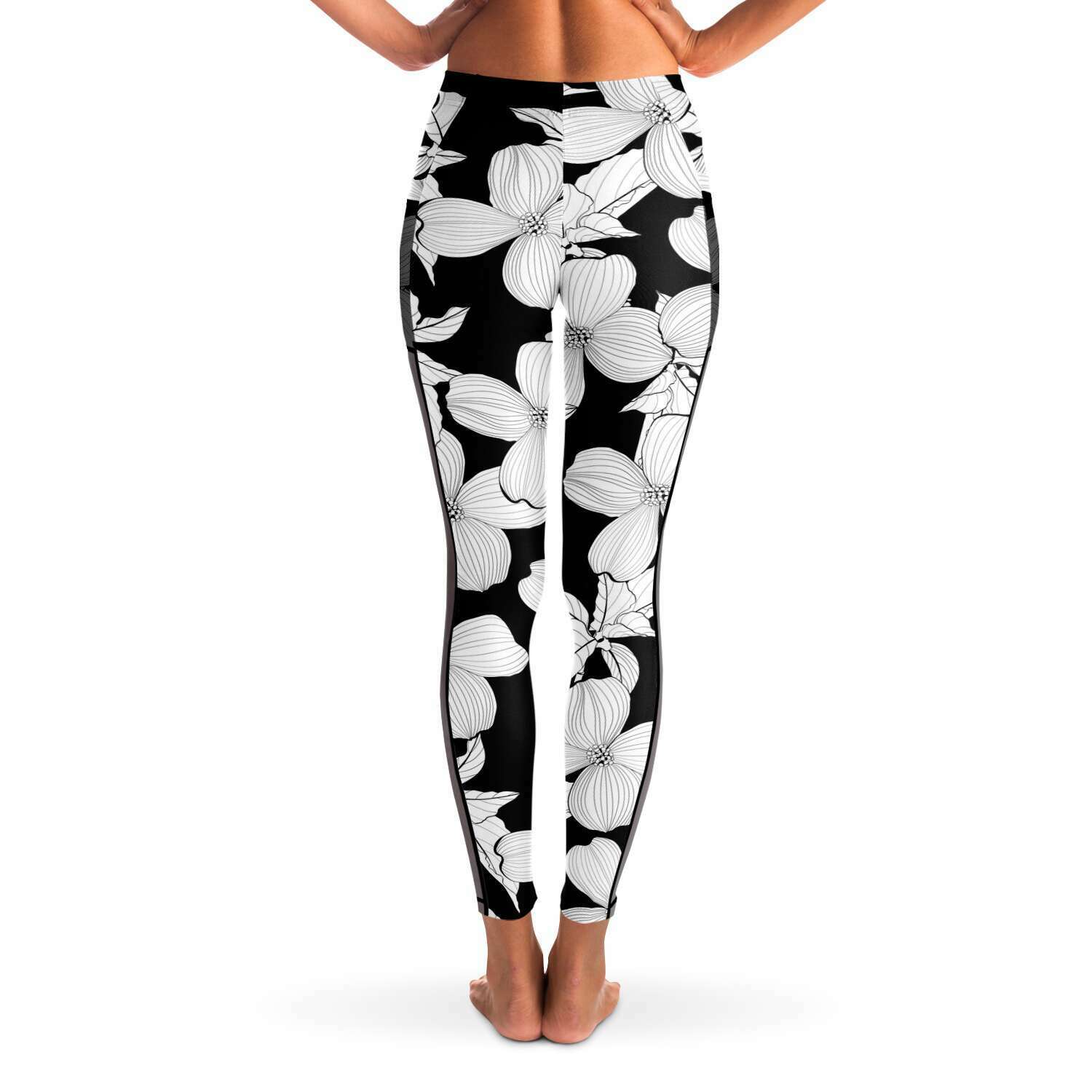 Leggings With Black Mesh Pockets, Dogwood Pattern , Red Butterfly Design