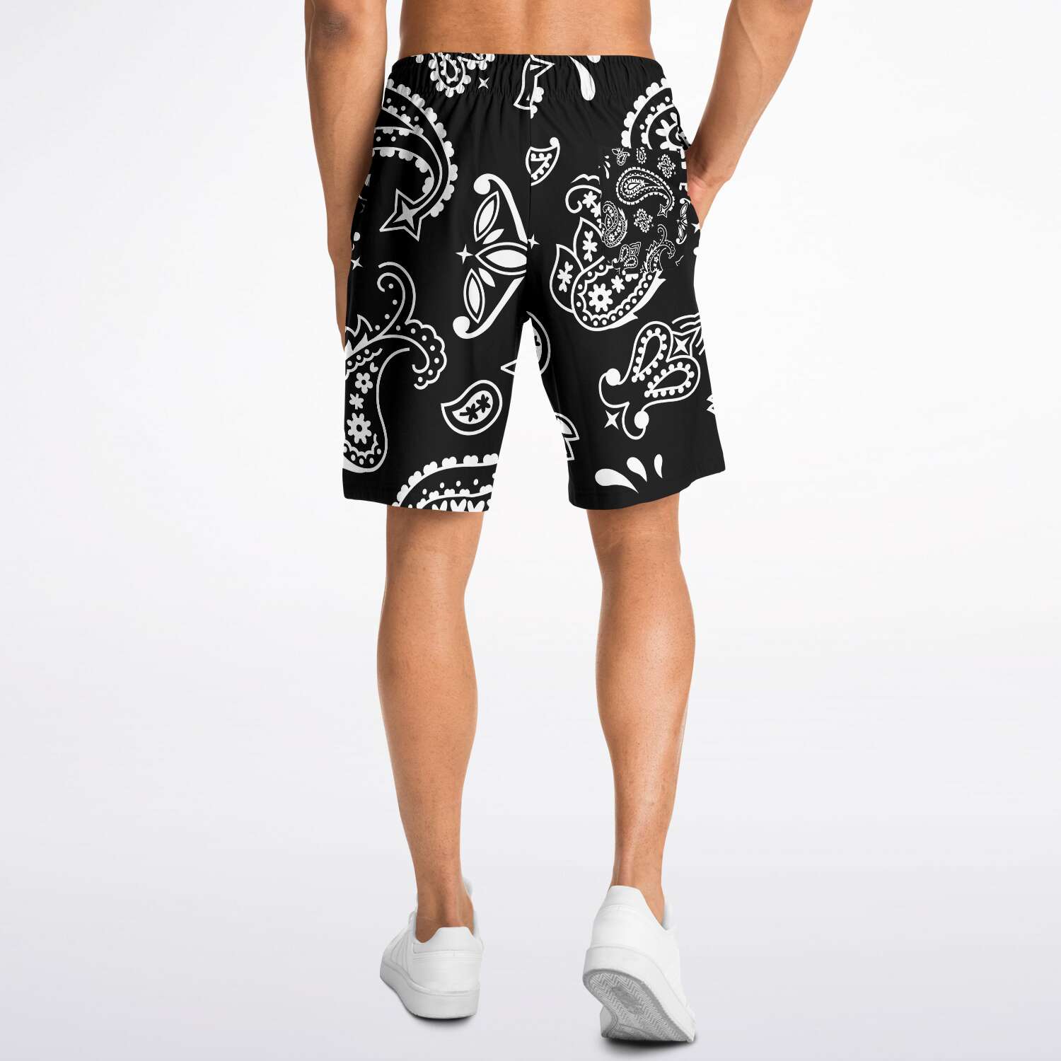 Athletic Shorts with Paisley Print/White Frog Foot Designs, Grey Outline
