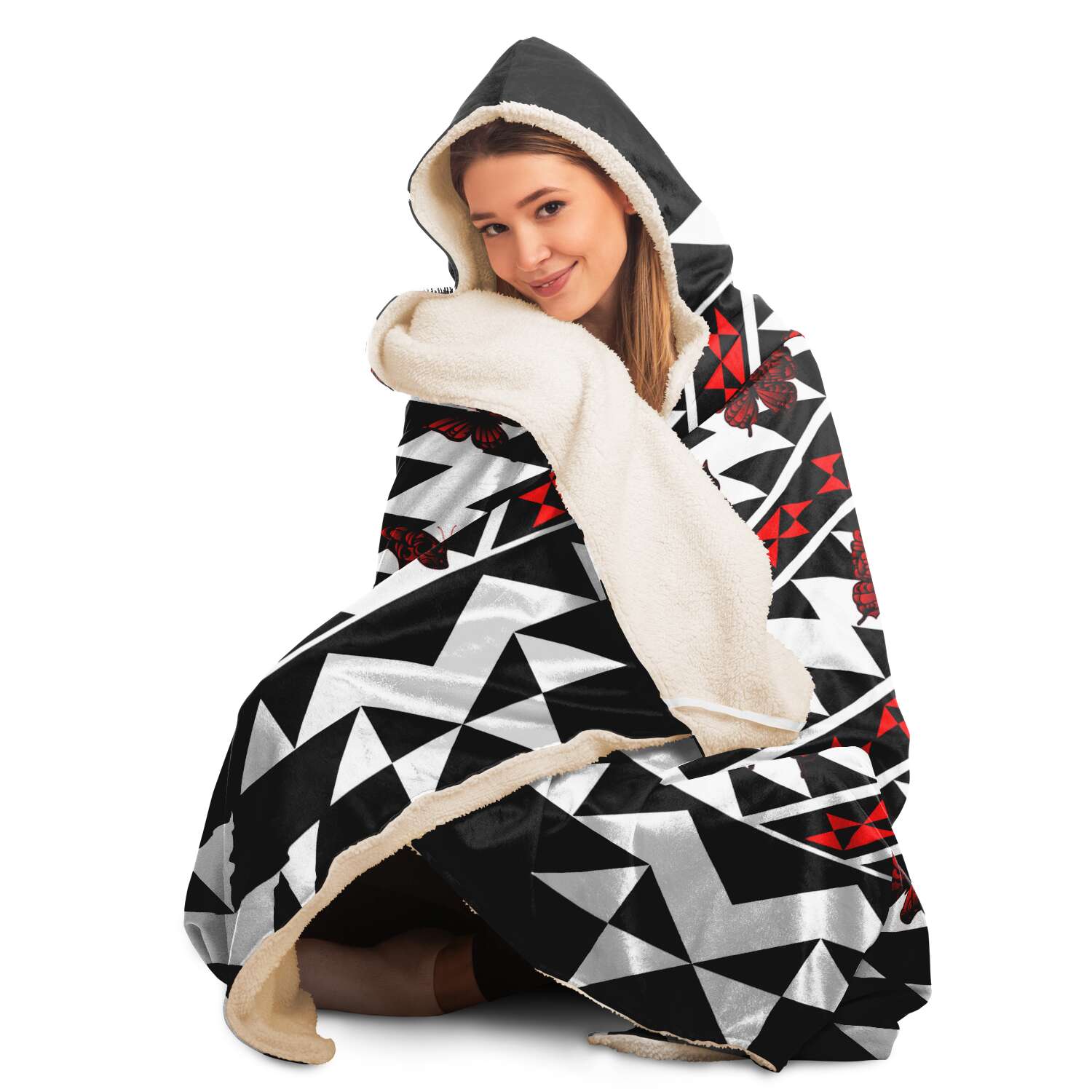 Hooded Blanket With Flint/Butterfly Design, Red Butterflies