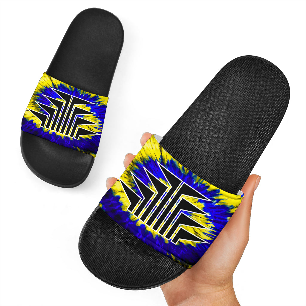 Slide Sandals, Tie Dye Blue/Yellow With Frog Foot Designs