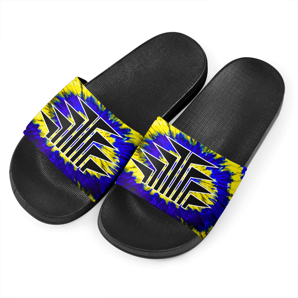 Slide Sandals, Tie Dye Blue/Yellow With Frog Foot Designs